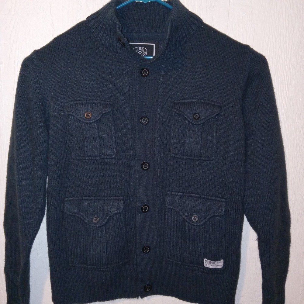 Dissident Cardigan Sweater Mens Navy Blue Utility Military Mock Neck 23-224